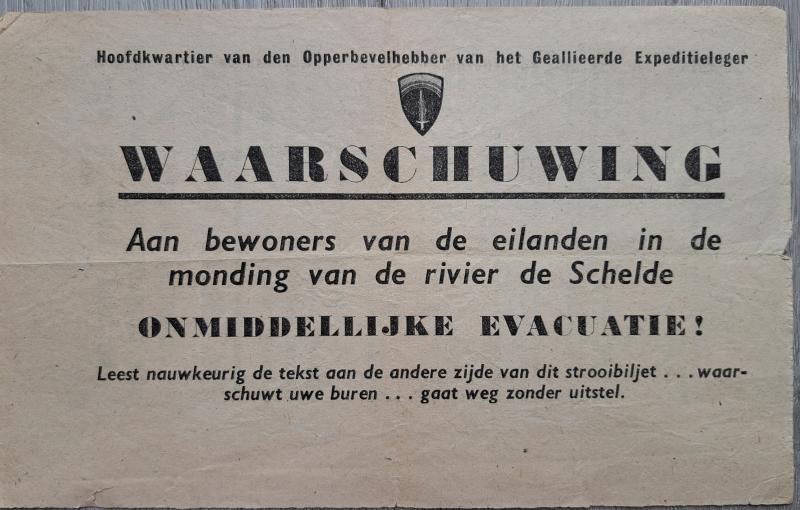 Very Rare Allied Leaflet Evacuation Walcheren, dropped on October 2nd 1944
