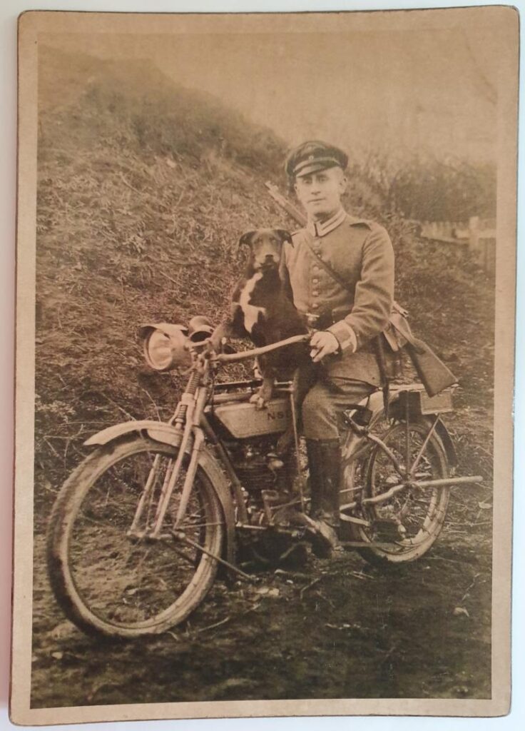 Large WW1 photograph of an officer on a NSU motor.