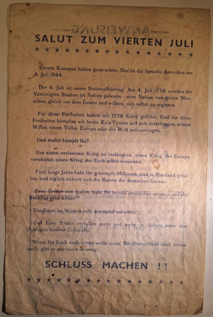 Allied Surrender Propaganda grenade Leaflet: SALUT ZUM VIERTEN JULI.
