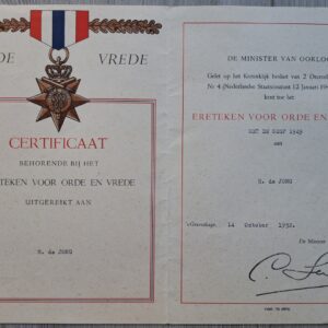 Oorkonde Ereteken Orde & Vrede met Gesp 1949