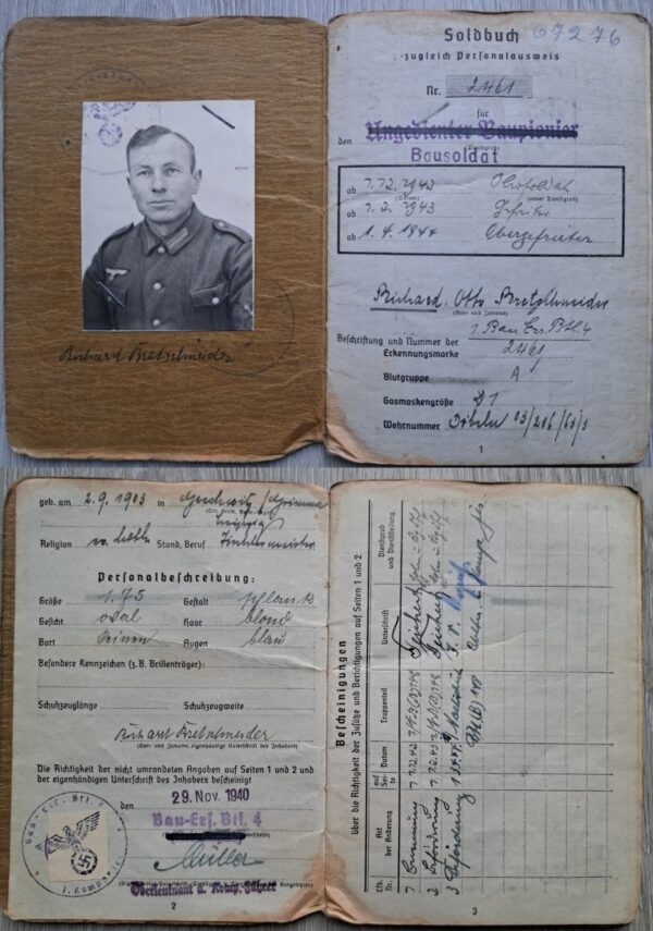 Soldbuch & 2 documents Bau-Ersatz-Bataillon 4 - Obergefreiter Richard Otto Bretschneider - Image 2