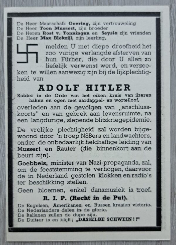 Cartoon flyer / Prayer card of Adolf Hitler made by the former Dutch resistance. - Image 2