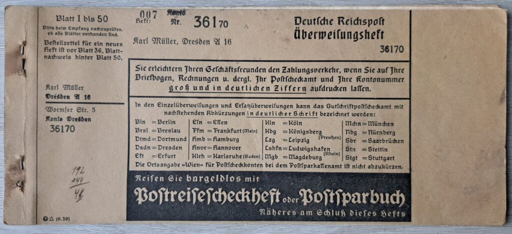 German checkbook, Dresden. Used in 1941/1942.