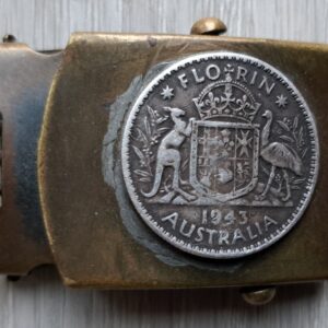 US brass belt buckle with Australian 1943 Florin coin soldered on it.