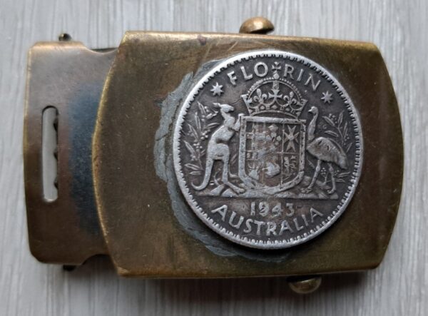 US brass belt buckle with Australian 1943 Florin coin soldered on it.